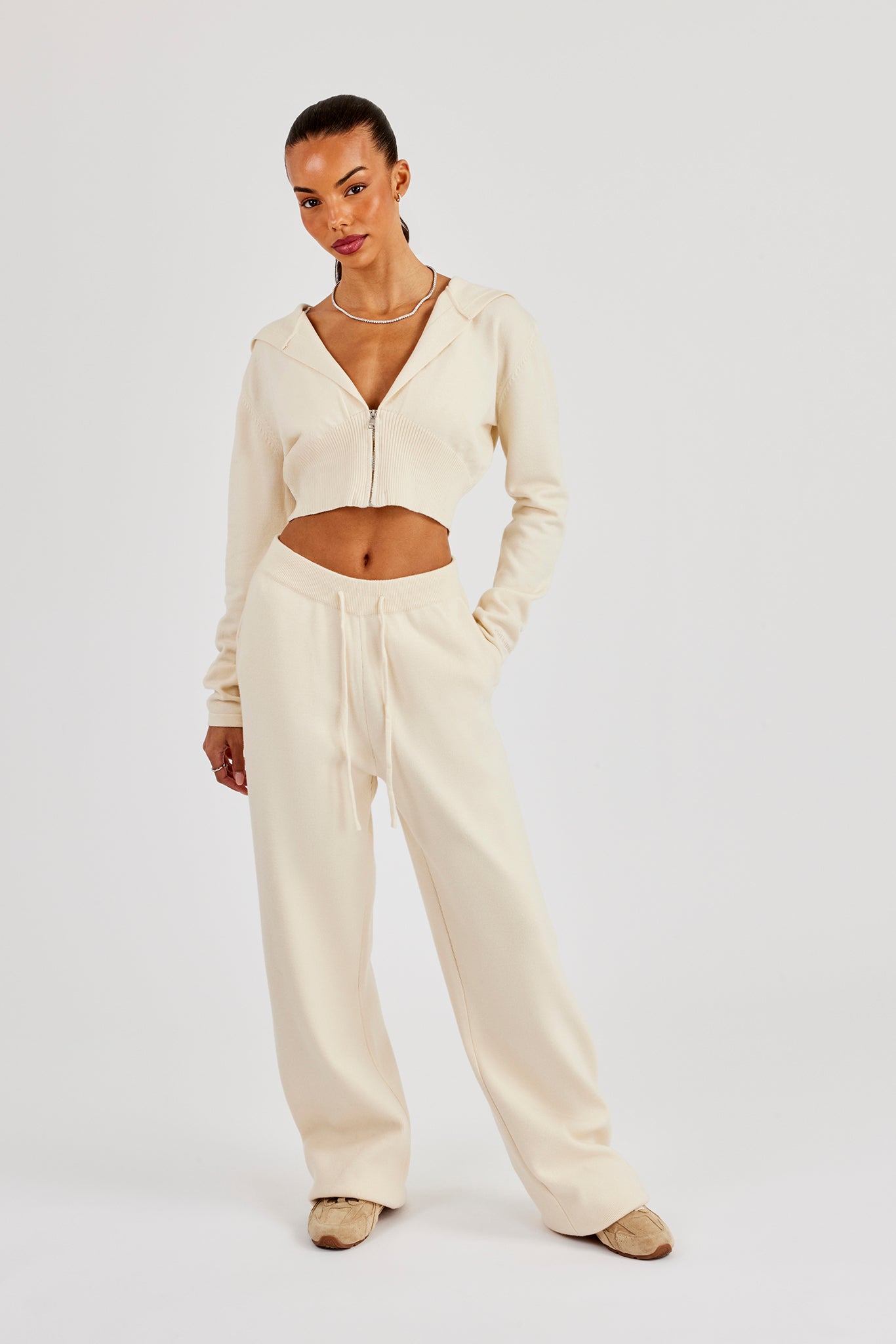 Cropped Knit Zip Hoodie - Cream